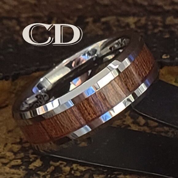 Men's Real Silver Tungsten Wedding Ring Whiskey Barrel Wood Inlay - Picture 2 of 10